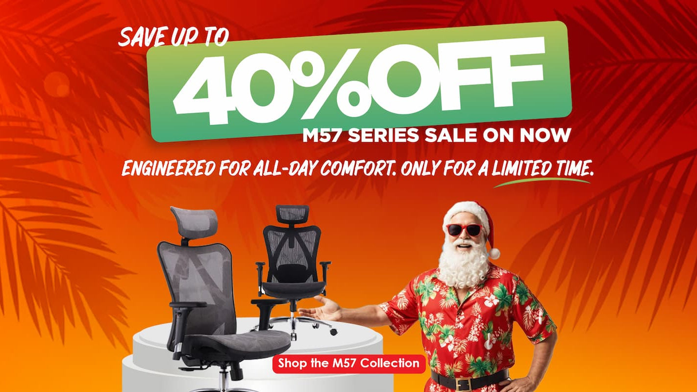 Winter in July Sale by SIHOO Australia text overlay featuring Santa and M57 ergonomic chairs, promoting 40% off selected office chairs for a limited time only.
