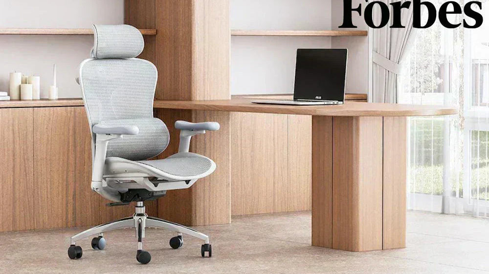 Ergonomic chairs with Forbes text overlay highlighting comfort and modern workspace design.