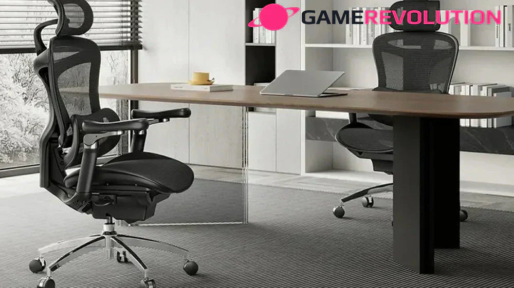 Ergonomic gaming chair with Game Revolution text overlay designed for a comfortable gaming chair for long hours.