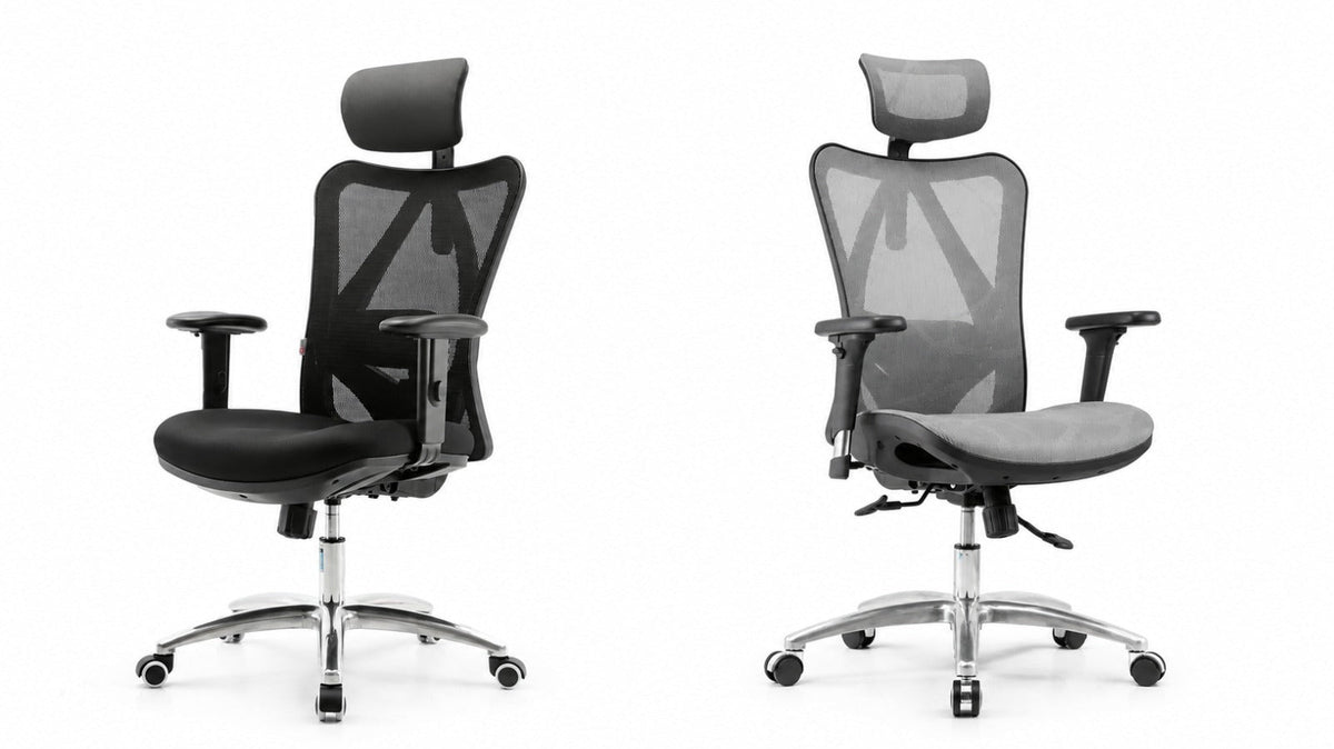 Photorealistic side-by-side, Sihoo M18 on the left and Sihoo M57 on the right, both chairs on neutral white background, clean studio lighting, no text, no people, equal spacing between chairs