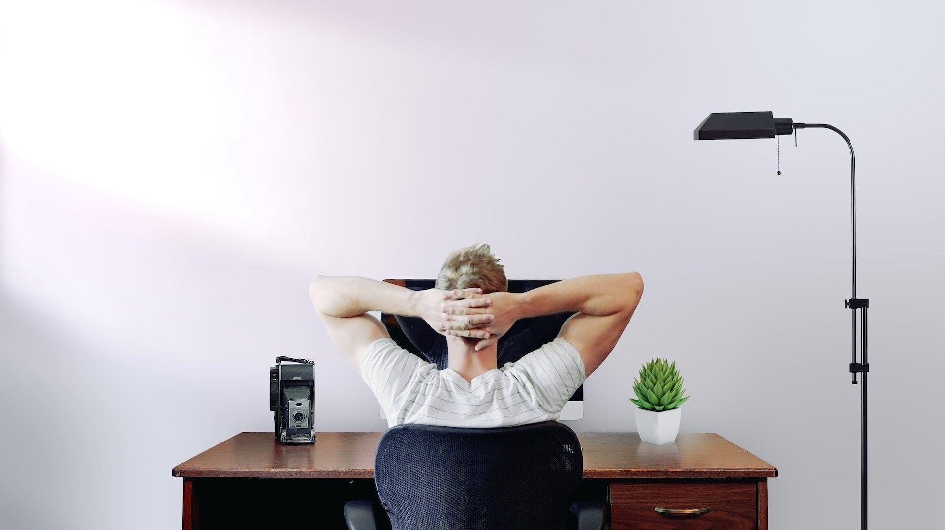 Back view of a man sitting on the best ergonomic chair in Australia, showcasing proper posture, lumbar support, and comfortable ergonomic design.