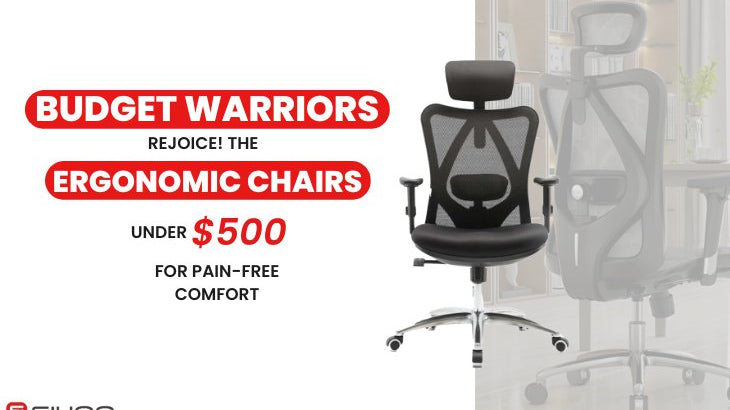 An ergonomic chair with a text overlay that reads “Budget Warriors, Rejoice! Top Ergonomic Chairs Under $500 for Pain-Free Comfort – SIHOO Australia,” promoting affordable ergonomic seating solutions.