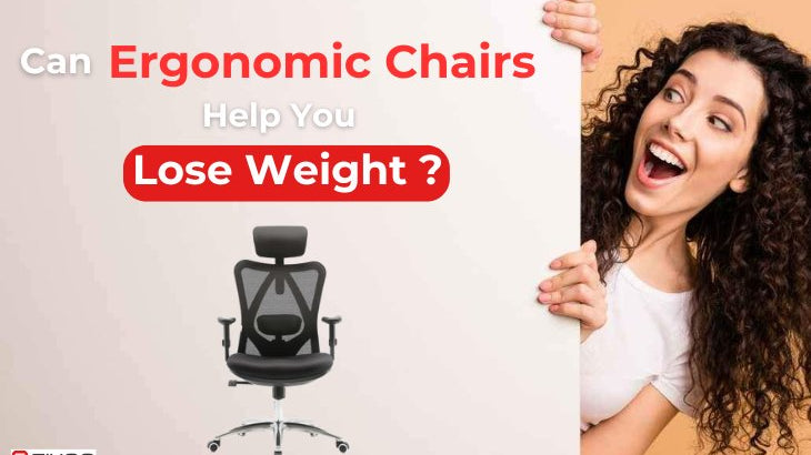 A woman sneaking playfully with a text overlay that reads “Can Ergonomic Chairs Help You Lose Weight?”, highlighting curiosity about the health benefits of ergonomic chairs.