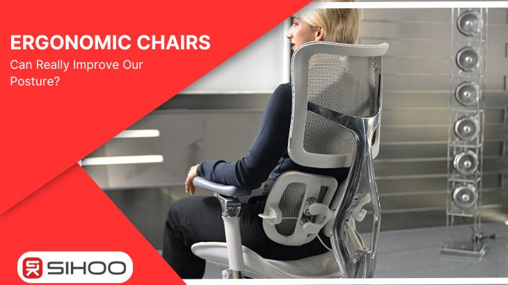 A woman sitting on an ergonomic chair with a text overlay that reads “Can ergonomic chairs really improve posture?”, illustrating the benefits of ergonomic design for spinal alignment and comfort.