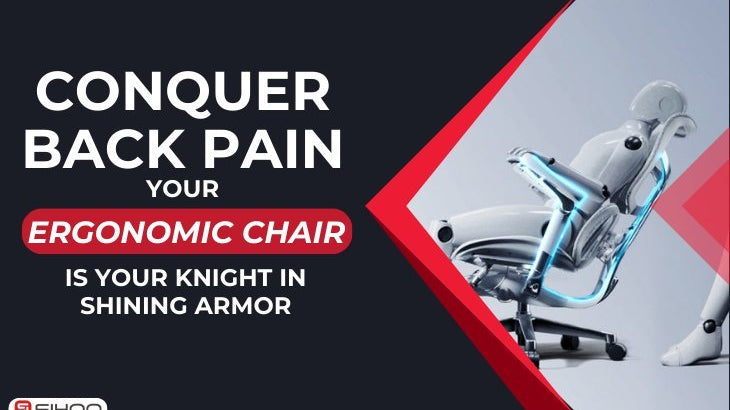 An ergonomic chair with a text overlay that reads “Conquer Back Pain: Your Ergonomic Chair is Your Knight in Shining Armor,” emphasizing posture support and pain relief benefits.