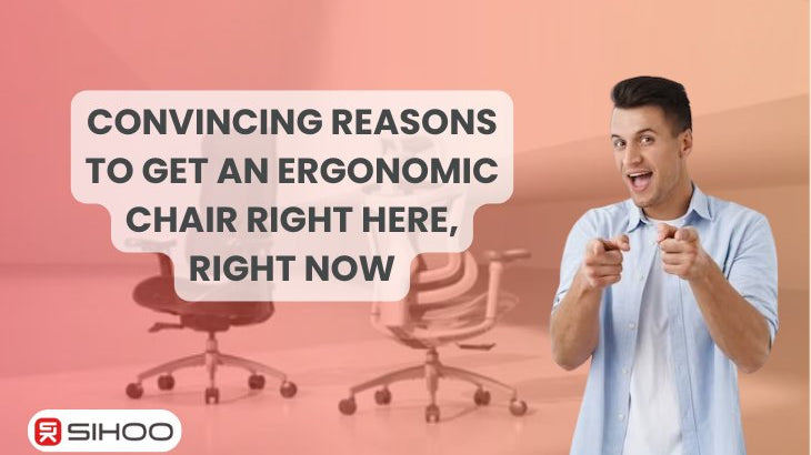A man with an ergonomic chair in the background and a text overlay that reads “Convincing reasons why you should get an ergonomic chair right here, right now,” highlighting the importance of comfort and posture support.