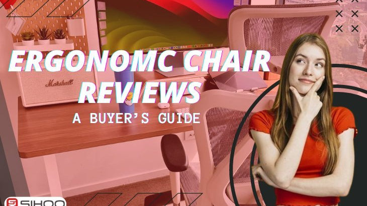 A woman with an ergonomic chair in the background and a text overlay that reads “Ergonomic Chair Reviews: A Buyer’s Guide,” representing insights and recommendations for choosing the best ergonomic chair.