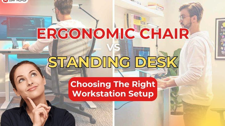 A lady with a thinking gesture in front of a background showing different workstation setups, with a text overlay that reads “Ergonomic Chair vs Standing Desk: Choosing The Right Workstation Setup,” highlighting workspace comfort and productivity choices.