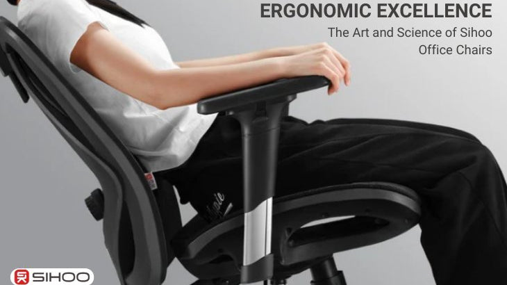 A person’s midsection reclining on an ergonomic chair with a text overlay that reads “Ergonomic Excellence: The Art and Science of Sihoo Office Chairs,” highlighting Sihoo’s commitment to comfort and ergonomic innovation.
