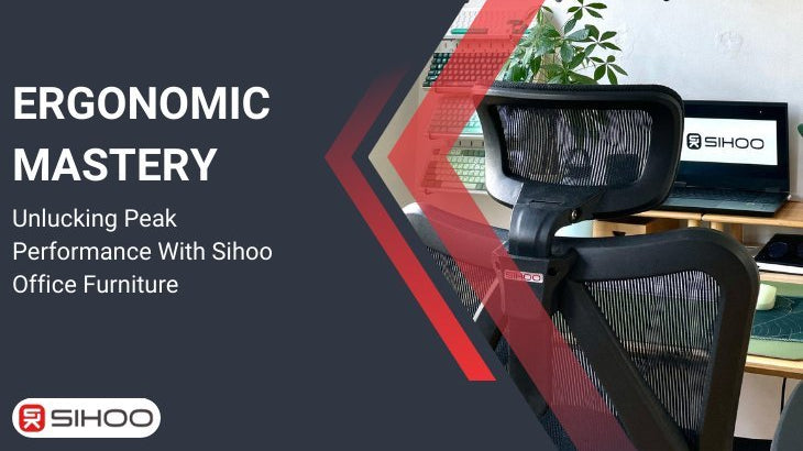 Ergonomic chair on a black background with a text overlay that reads “Ergonomic Mastery: Unlocking Peak Performance with Sihoo Office Furniture,” emphasizing Sihoo’s focus on productivity, comfort, and design excellence.