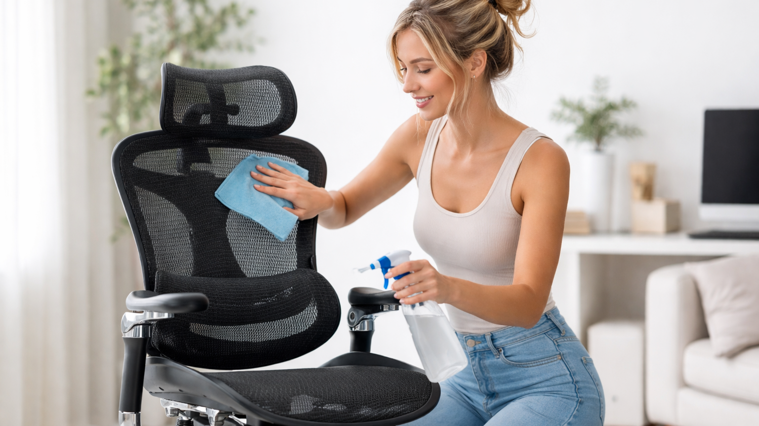 Australian woman cleaning a black mesh ergonomic office chair using a cloth and spray in a bright home office setting