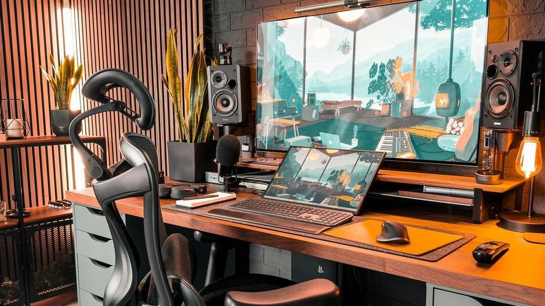 Modern gaming setup for laptop featuring dual monitors, ergonomic chair, speakers, and warm lighting.