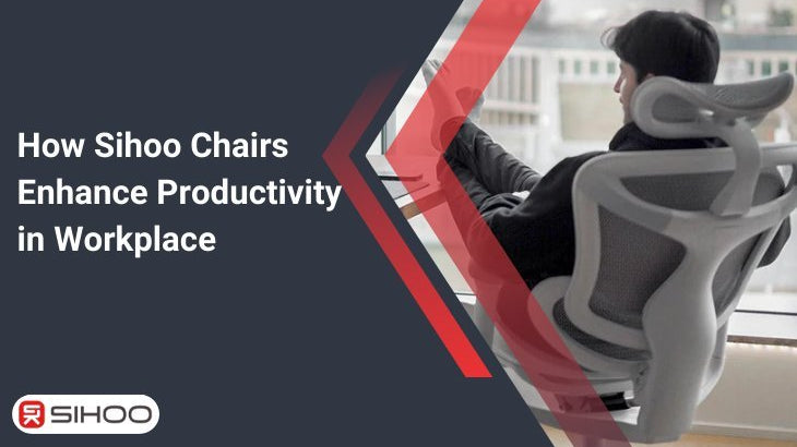 Man sitting on an ergonomic chair with text overlay about how SIHOO chairs enhance productivity in the workplace.