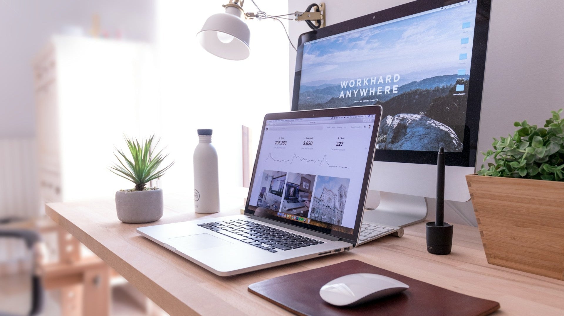How to measure work productivity? A work station at home with sleek lighting and wooden fixture. Image by Domenico Loia via www.unsplash.com