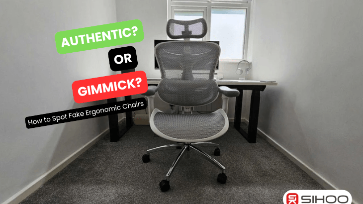Ergonomic chair in a minimal home office with text overlay asking if it’s authentic or a gimmick and how to spot fake ergonomic chairs