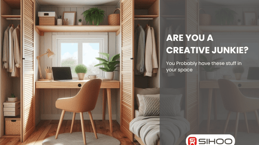 A small office space with a chair, laptop, and table featuring a text overlay that reads “Are you a creative junkie?”, showcasing must-have essentials for a productive workspace.