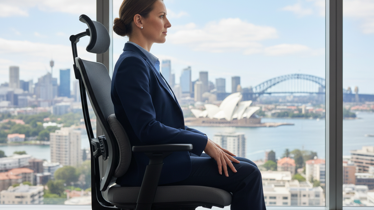 Photorealistic side-view, Australian professional fully seated in ergonomic mesh chair, neutral upright posture, lumbar support visibly contacting lower back, natural office light, Sydney CBD skyline