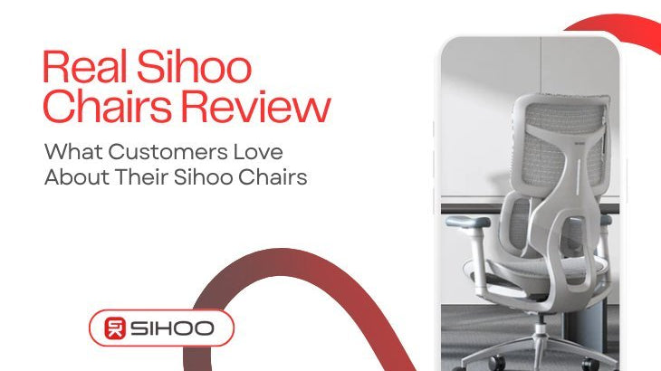 Ergonomic chair in an office with text overlay highlighting real SIHOO chair reviews and what customers love about them