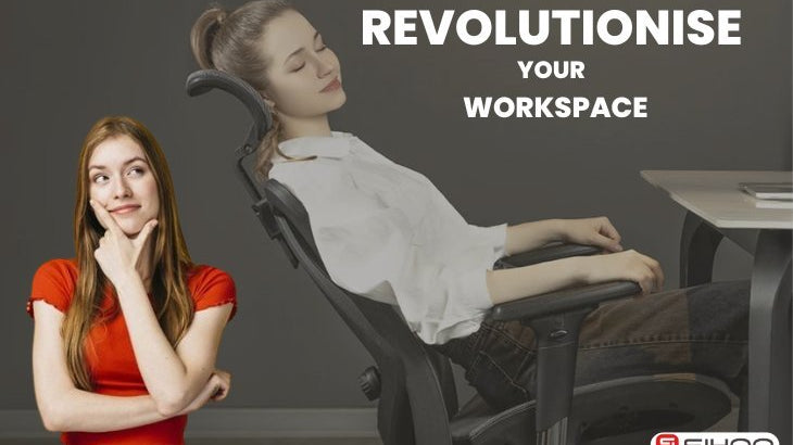 Woman sitting on an ergonomic chair with text overlay about how SIHOO ergonomic chairs redefine comfort in the workspace.