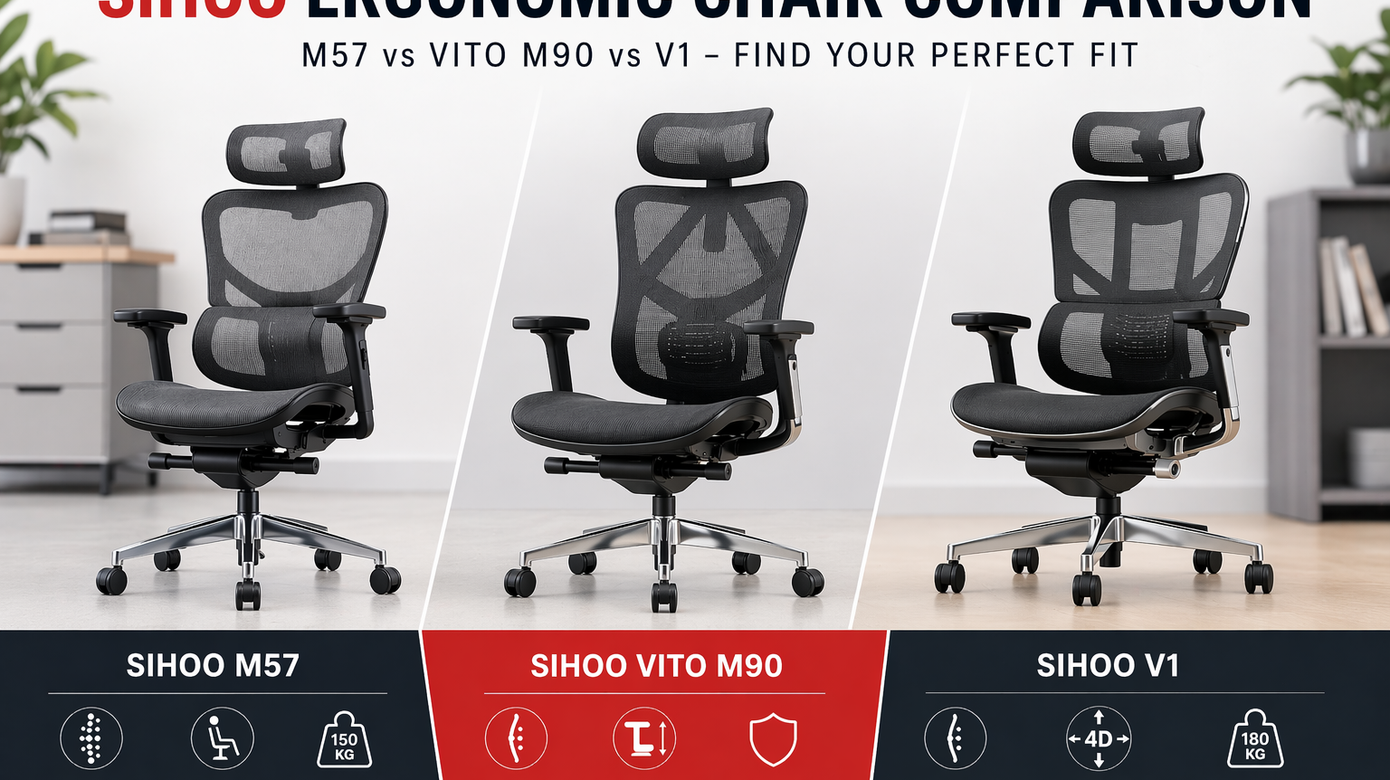 Sihoo ergonomic chair comparison featured image showing M57, Vito M90, and V1 with key features for office and home workspace setups in Australia