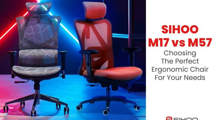 Two ergonomic office chairs side by side with text overlay comparing Sihoo M18 vs M57 on how to set up an ergonomic chair.