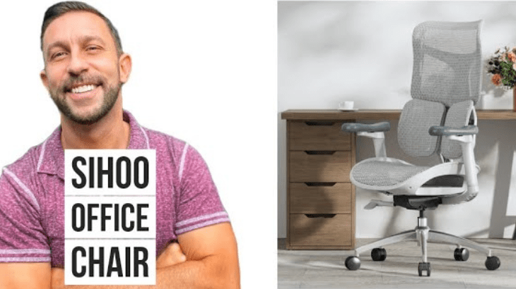 Man smiling beside text overlay highlighting top 10 customer reviews of SIHOO chairs and why users love them