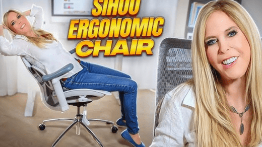 woman sitting comfortably with text overlay about top customer-rated SIHOO chairs for comfort and ergonomics.