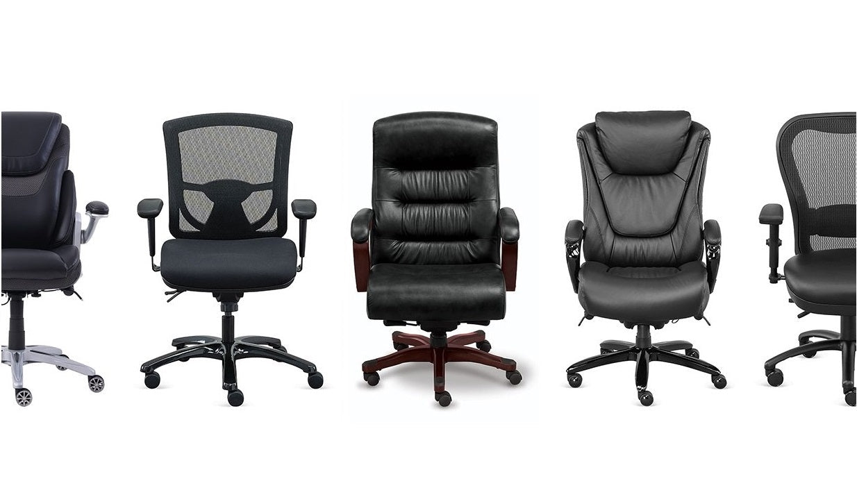 Various types of office chairs displayed on a white background.