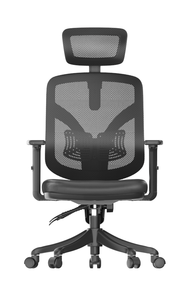 Front view of an ergonomic chair on a transparent background.