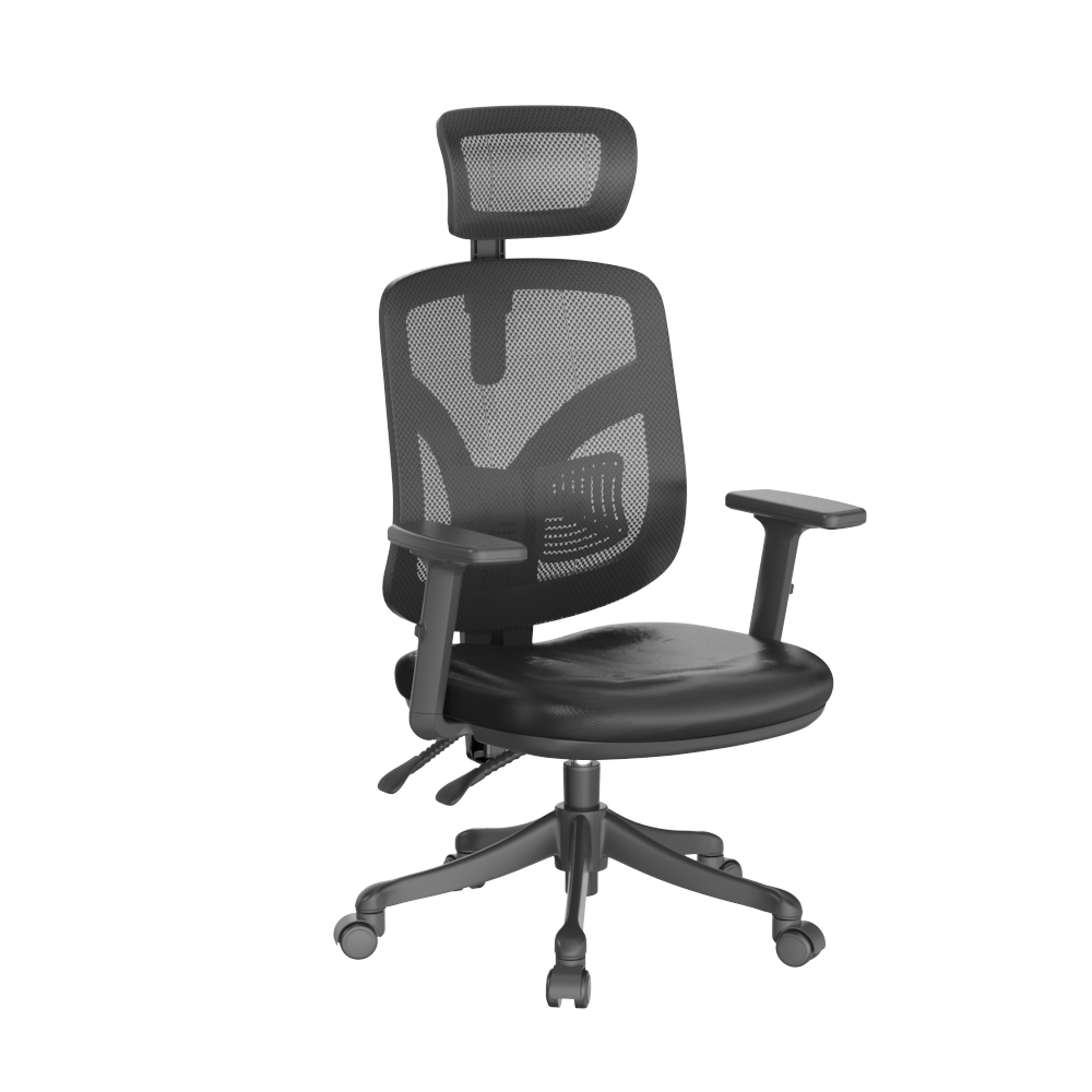 Angled between front and side view of an ergonomic chair on a white background.
