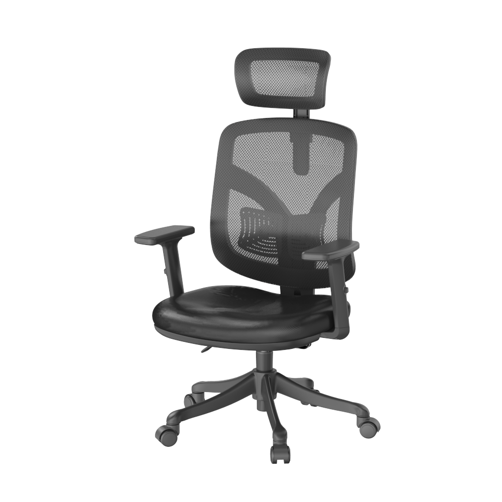 Semi side front view of an ergonomic chair against a white background.