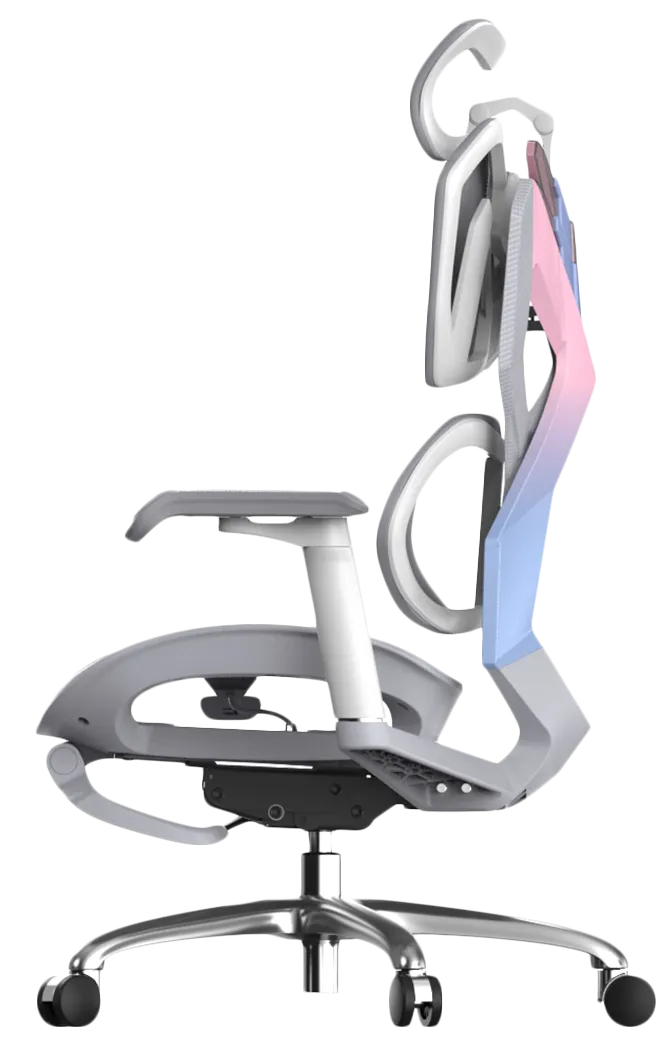 Left side view of Dream Pink Blue XALLKING X5F ergonomic gaming chair showcasing ergonomic comfort and vibrant design.