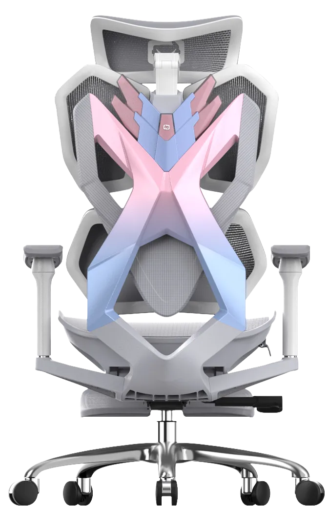 Back view of Dream Pink Blue XALLKING X5F ergonomic gaming chair showcasing lumbar support and stylish ergonomic design.