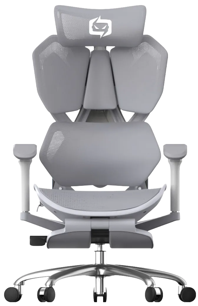 Front view of gray XALLKING X5F ergonomic gaming chair highlighting ergonomic comfort and vibrant design.