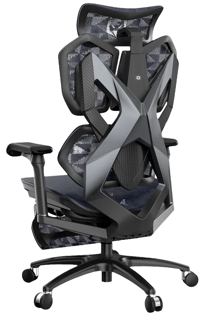 Back-left view of black XALLKING X5S ergonomic gaming chair showcasing lumbar support and ergonomic design.