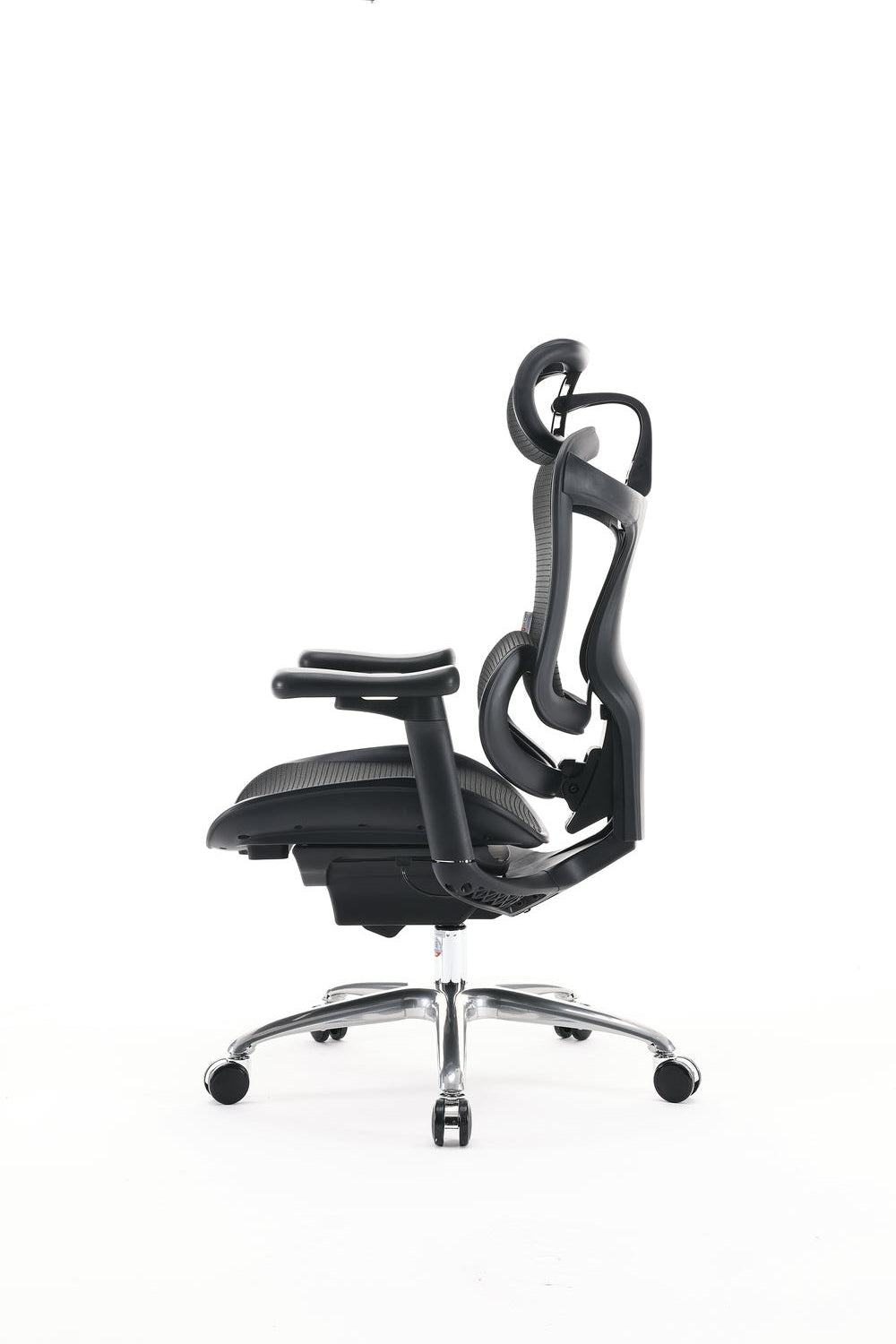 Left view of black Sihoo Doro C100 ergonomic chair in Australia highlighting slim profile and ergonomic back support