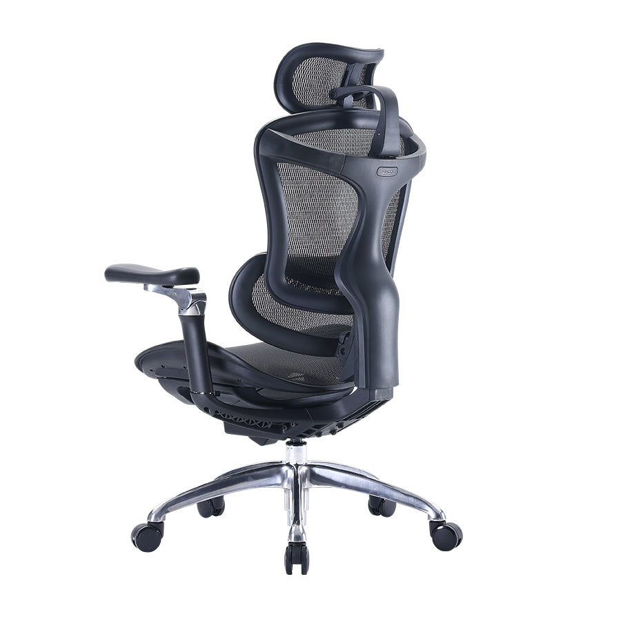 Semi back-left view of black Sihoo Doro C300 ergonomic chair in Australia highlighting mesh backrest and ergonomic support frame.
