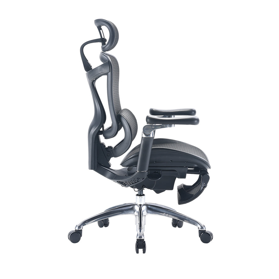 Right view of Sihoo Doro black C300 ergonomic chair in Australia with retractable footrest and ergonomic mesh backrest.