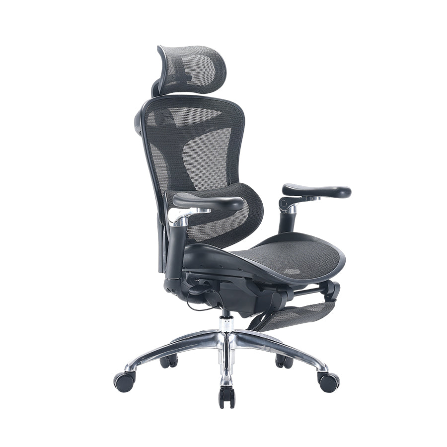 Semi front-right view of Sihoo Doro black C300 ergonomic chair in Australia with footrest highlighting design and comfort.