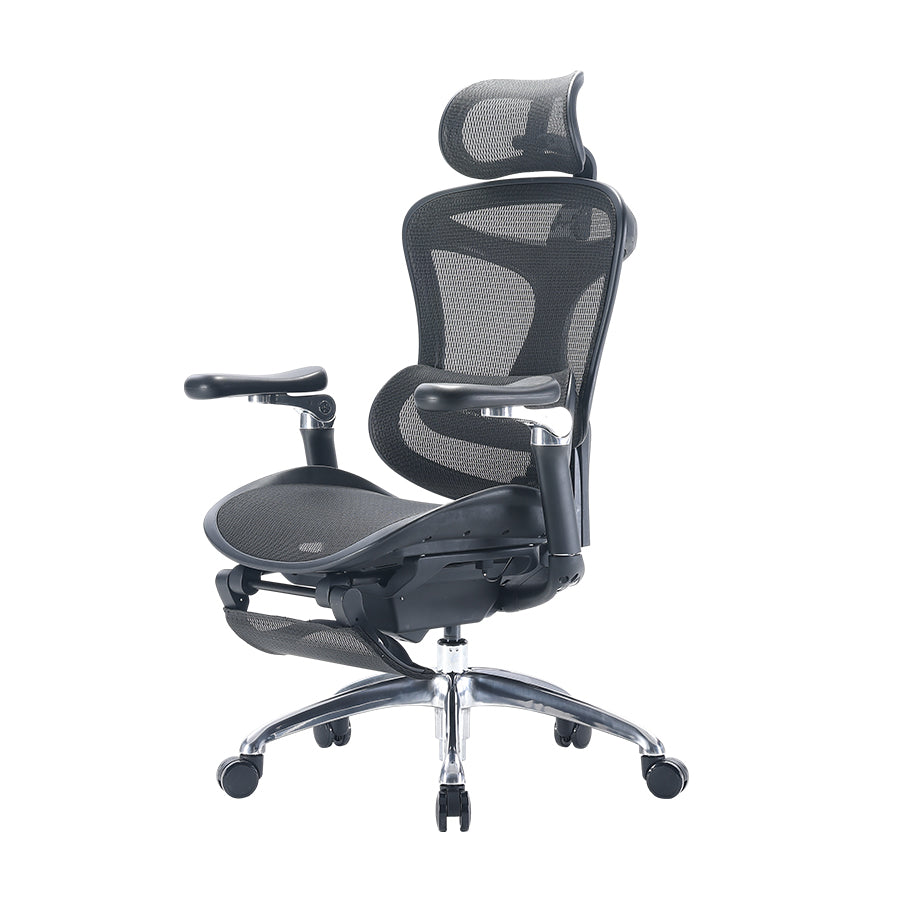 Semi front-left view of black Sihoo Doro C300 ergonomic chair in Australia with footrest showing design and comfort features.