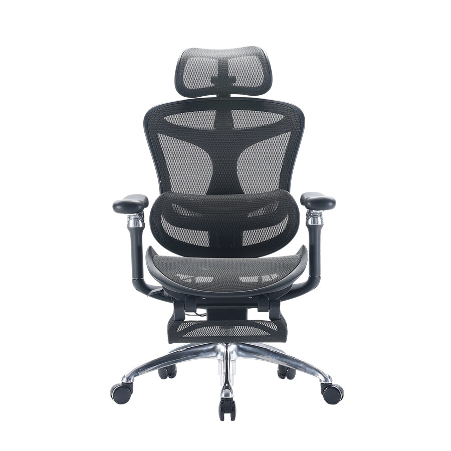 Front view of black Sihoo C300 ergonomic chair in Australia with built-in footrest for comfort and support.