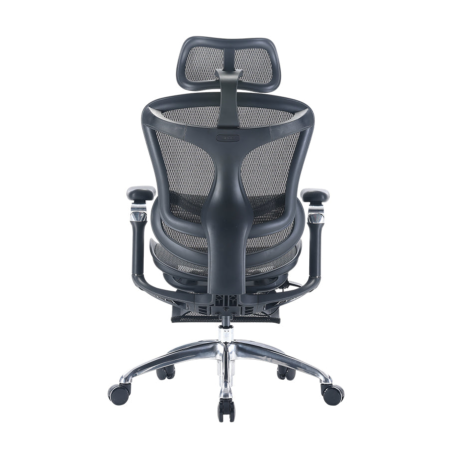 Back view of black C300 ergonomic chair in Australia with retractable footrest and supportive backrest design.