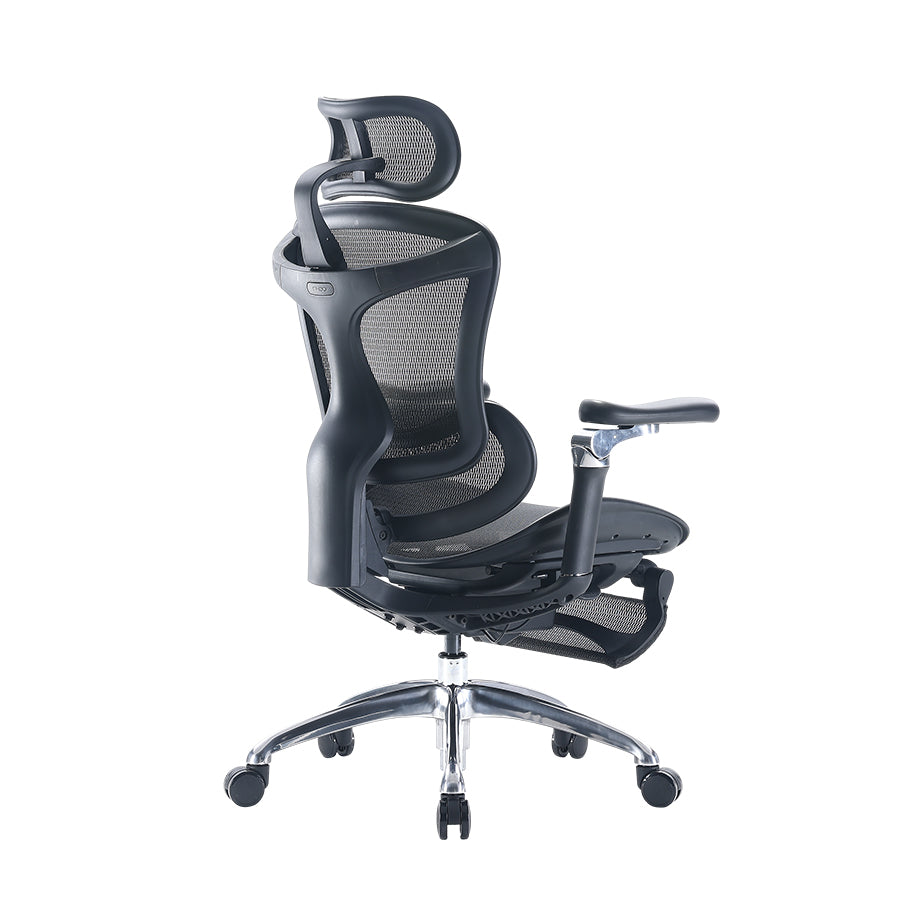 Semi back-right view of Sihoo Doro black C300 ergonomic chair in Australia with footrest and supportive mesh backrest.