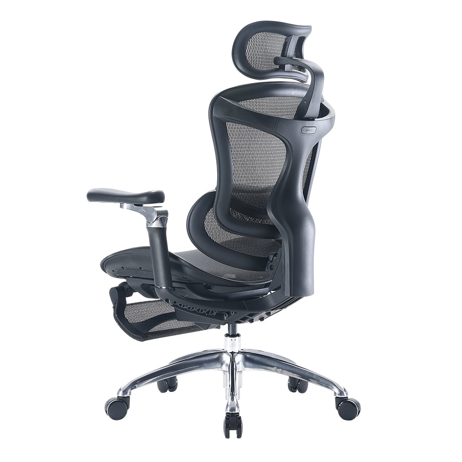 Semi back-left view of Sihoo Doro black C300 ergonomic chair in Australia with footrest and ergonomic back support design
