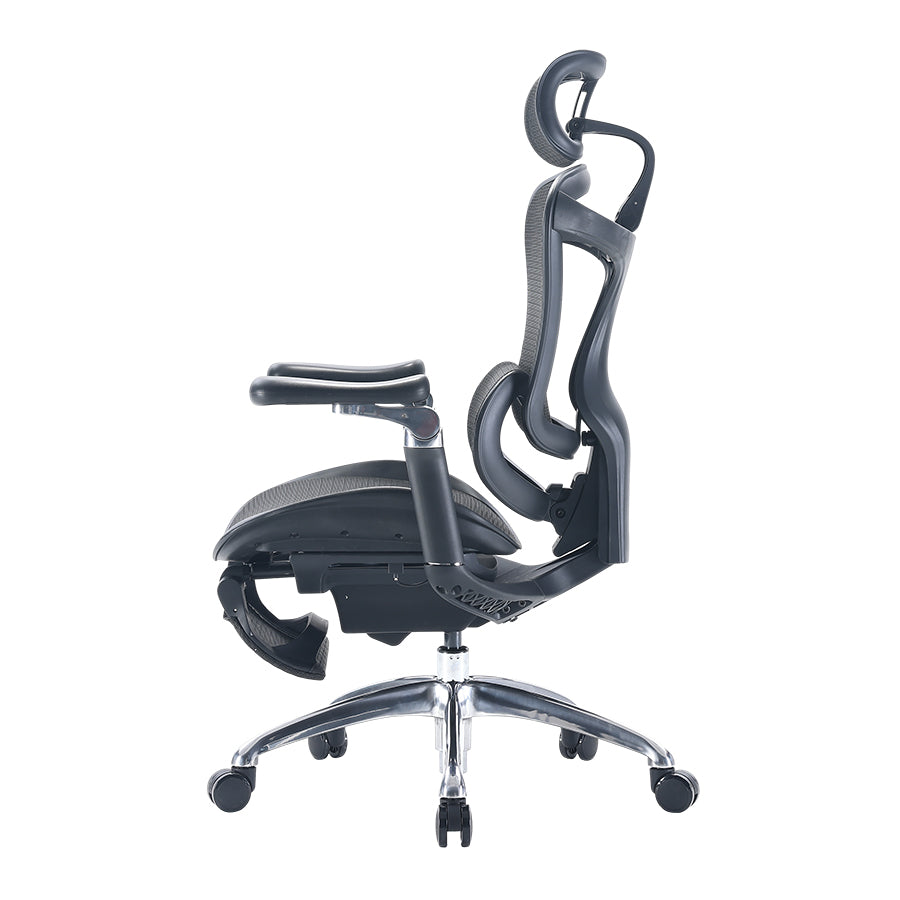 Left view of Sihoo Doro black C300 ergonomic chair in Australia with retractable footrest and ergonomic backrest design.