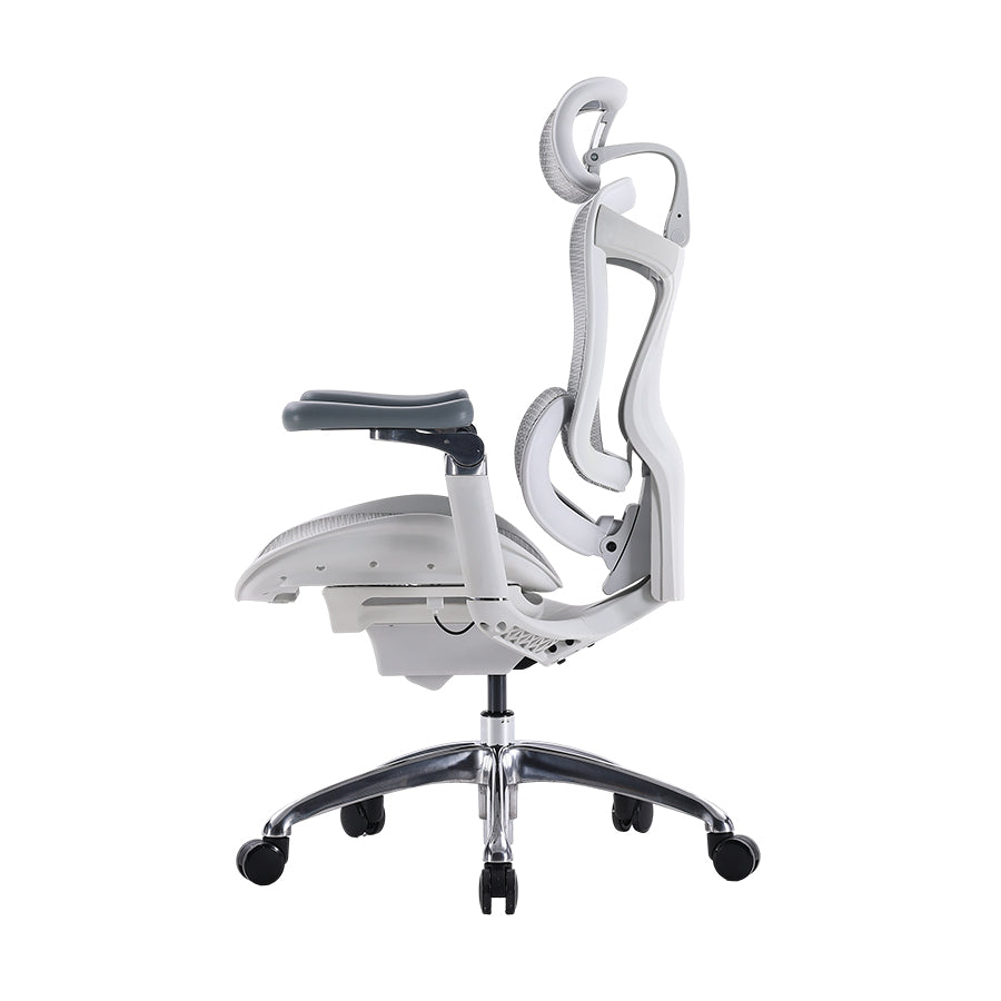 Left view of white Sihoo Doro C300 ergonomic chair in Australia highlighting slim profile and ergonomic support design.