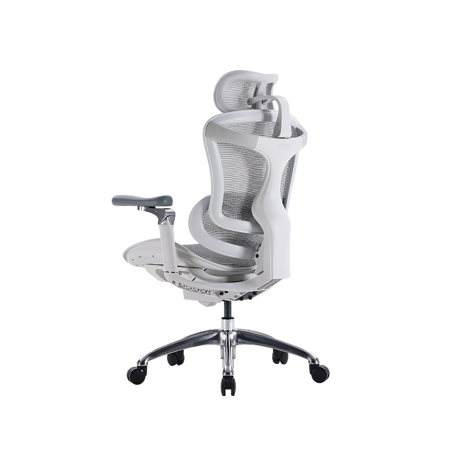 Semi back-left view of white Sihoo Doro C300 ergonomic chair in Australia highlighting mesh backrest and ergonomic support.