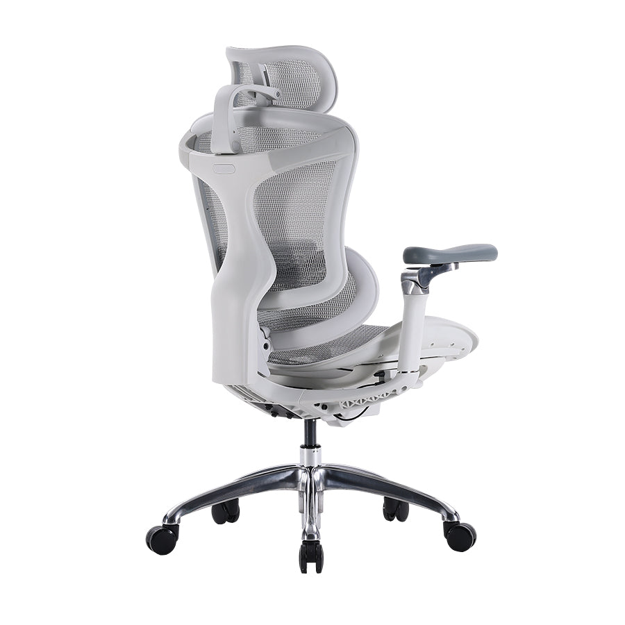 Semi back-right view of white Sihoo Doro C300 ergonomic chair in Australia highlighting mesh backrest and ergonomic frame.
