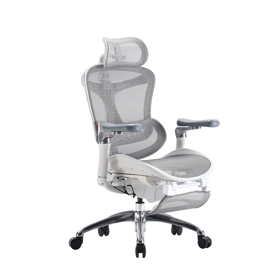 White sihoo doro c300 ergonomic chair in australia with footrest shown from a semi front right angle on white.