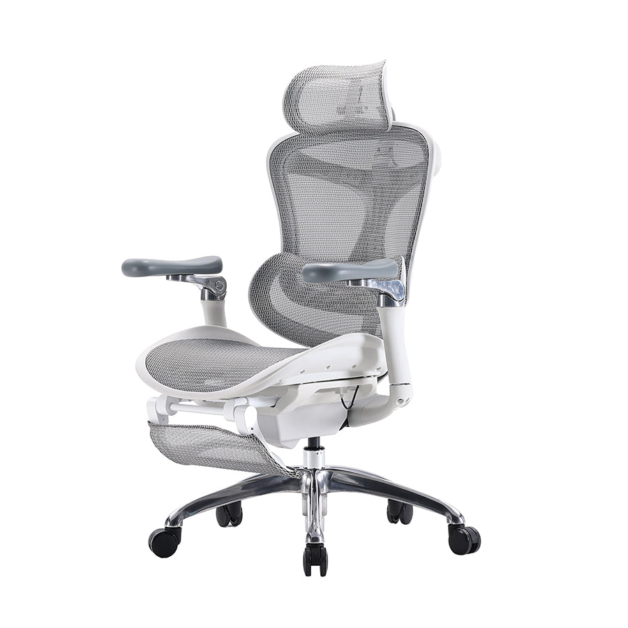 Semi front left side angle of white sihoo doro c300 ergonomic chair in australia with footrest on a clean white background.